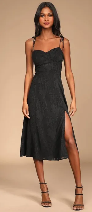 NWT Lulus Loveliest Looks Black Floral Jacquard Tie-Strap Midi Dress Party Sz S thumbnail 1