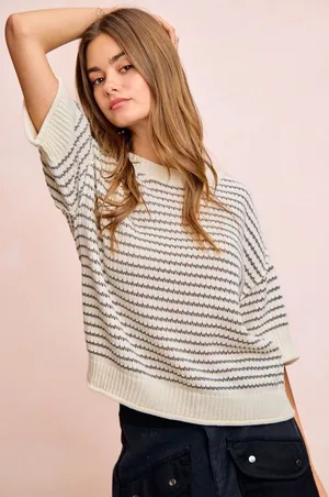 BiBi Stripes Short Sleeves Rib Banded Outseam Knit Top‎ - Cream/Grey - Medium thumbnail 1