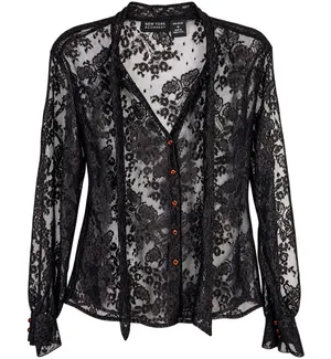 Vintage 90s Y2K New York & Company Black Floral Lace Sheer Button Front Blouse M thumbnail 1