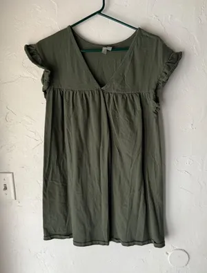 ASOS Olive Green Oversized‎ Small Top Flutter Ruffle Sleeve V Neck Babydoll thumbnail 1