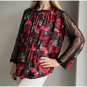 Sandro Paris Red Floral Mock Neck Blouse Black Lace Sleeves Silk Blend sz 1 thumbnail 1