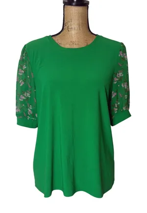 CeCe Kelly Green Floral Puff Sleeve Blouse‎ Crepe Business Casual Size Large thumbnail 1