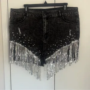 New Collection festival Silver Fringe Denim stretchy cowgirl Shorts size XXL thumbnail 2