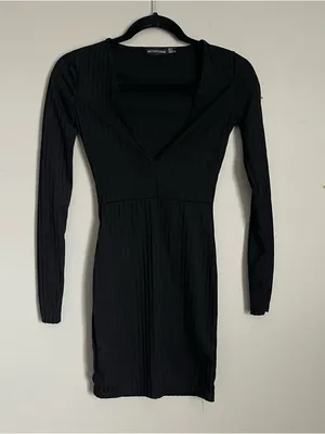 PRETTYLITTLETHING | Black Long Sleeve Striped V-Neck Mini Dress Sz 2 thumbnail 2