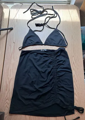 New AMI 2Pc String Bikini👙Top & Skirt Cover up Sarong Black fit Medium Large XL thumbnail 1