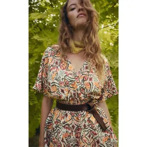 Zara AOP Ikat Print Tiered Elastic Waist Dress Tan Green Tribal MEDIUM Boho Chic thumbnail 2