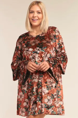 Floral Rust Velvet Long Sleeve Dress Plus Size 1X thumbnail 2