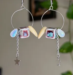 Handmade funky boho retro unique hoop dangle earrings🩵 thumbnail 2
