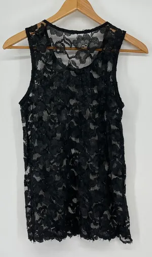 Vintage‎ Black Lace Sheer Beaded Tank Top Size S Party Witchy Whimsigoth Glam thumbnail 1