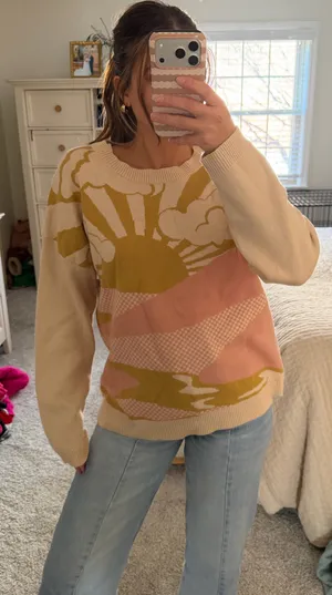 Altar'd State Pink, green and beige patterned sweater thumbnail 1