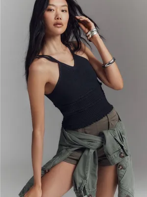 NWT Anthropologie Black Ribbed Knit V-Neck Tank Top linen blend thumbnail 1
