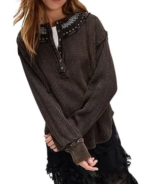 NWT Free People Holly Henley Thermal Long Sleeve Top Black Combo thumbnail 1
