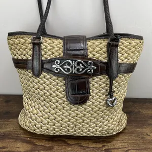 Brighton Straw Tote KORA Lined Purse Bag w/ Leather‎ Trim & Heart Charm Vintage thumbnail 2