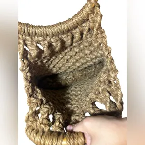 Boho Jute Macramé wood Ring‎ Handle Purse Bag Open Weave Tan Natural thumbnail 2