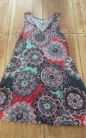 BISHUIGE Womens Large Red Teal Mandala‎ Floral V-Neck Sleeveless Pocket Dress thumbnail 1