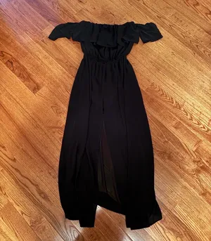Boutique Off-Shoulder Black Maxi Dress/Romper with Ruffle Neckline thumbnail 2