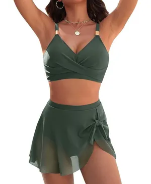 Blooming Jelly Bikini Army Green Two Piece Swimsuit Tie Knot Mesh Skirt 2XL (14) thumbnail 1