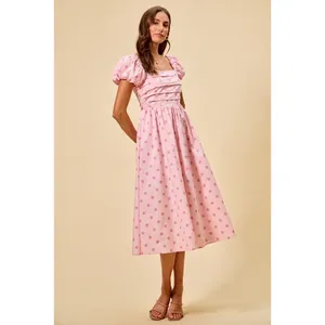 SO ME Polka Cotton Print Short Sleeves Midi Dress - Pink - Large thumbnail 2