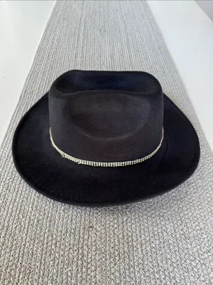 Source Unknown Black Felt Cowboy Hat w Tripe Row Rhinestone Crystal Band thumbnail 2