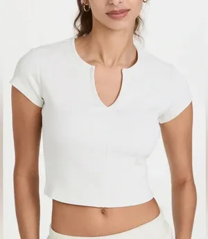 ALO yoga ribbed cropped tee Savvy short sleeve top workout split vneck white thumbnail 1