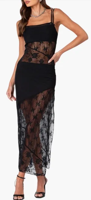Edikted Mesh Dress in Black Size XS Sheer Lace Adjustable Straps Floral Pattern thumbnail 1