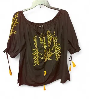 Boohoo Black Off-Shoulder Top with Yellow Artisanal Embroidery thumbnail 1
