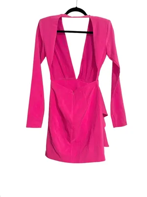 Michael Costello x Revolve Fena Plunge Neck Fuchsia Long Sleeve Mini Dress XXS thumbnail 5