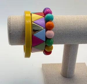 Colorful Stackable Beaded & Triangle‎ Bangle Bracelet Set Funky Women's Jewelry Yellow thumbnail 1
