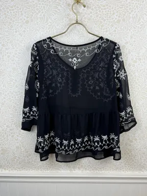 Free People Black and White Sheer Embroidered Peasant Blouse - Size - Medium thumbnail 5