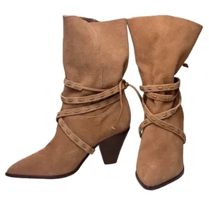 Schutz Portia Suede Ankle Boots Honey Peach Tan Leather‎ Wrap Straps Size 6B thumbnail 3