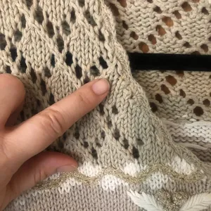 Vintage 90s Tan Floral Embroider Knit Gold poms Cottagecore Grandmacore Sweater thumbnail 14