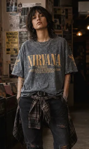 NIRVANA Gray Vintage Wash Short Sleeve Tee with Gold Lettering thumbnail 1