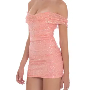 Lucy in the Sky Los Angeles Iridescent Sequin Off Shoulder Dress in Coral thumbnail 2