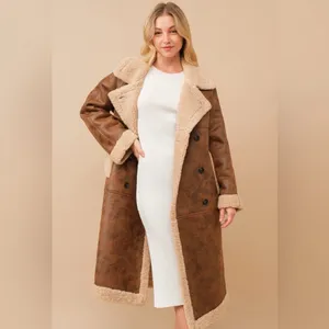 Faux leather teddy shearling long coat in chestnut thumbnail 2