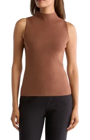 Tahari NWT Womens Mock Neck‎ Sleeveless Knit Sweater Top Hazelnut Brown Medium thumbnail 1
