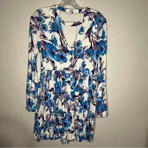 Free People Teagan Floral Blue Purple Boho‎ Double V Cutout Mini Dress thumbnail 12