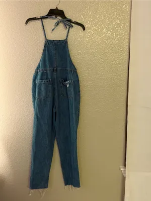 Forever 21 Denim Button Front Distressed Cropped Overalls Jumpsuit M thumbnail 10