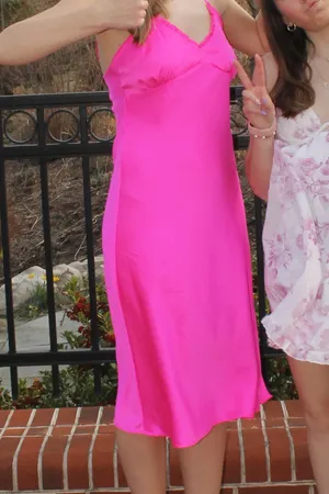 Japna Pink satin slip dress with lace trim thumbnail 4