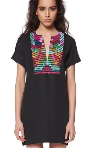 Anthropologie Mara Hoffman Radial Embroidered Tunic Dress in Black Multi Small thumbnail 1