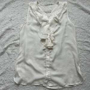 Ann Taylor Loft White Ruffle Button Down Tank Top Size Small thumbnail 6