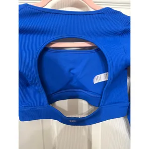 Royal Blue Cropped Long Sleeve Ribbed Workout Top, Small thumbnail 5