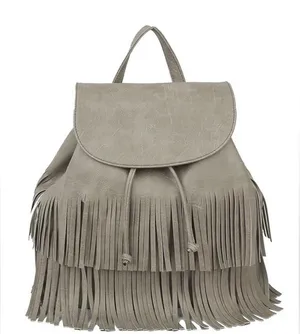 Grey Fringe Vegan Leather Drawstring Convertible Backpack by Metro Muse USA thumbnail 1