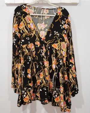 Free People Bella Printed Tunic Floral Boho Babydoll Top Womens Size Large thumbnail 1