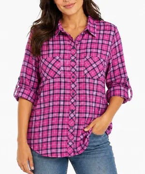 LL Bean Pink Plaid Cotton Roll Tab Button Up Casual Shirt Size LARGE thumbnail 1