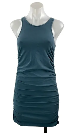 Aritzia TNA Womens Blue Sleeveless Ruched Stretch Tank Mini Bodycon Dress Size M thumbnail 1