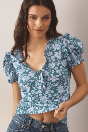Maeve By Anthropologie Women's Ruffle Puff Sleeve V-Neck Henley Tee Blouse Large thumbnail 1