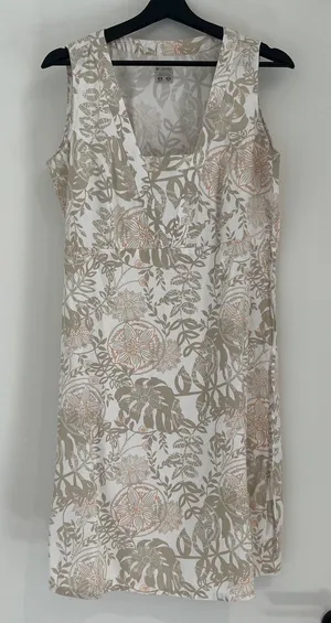 Columbia PFG Sundress Medium Tan Floral Tropical Leaf Cotton V-Neck Midi Dress thumbnail 1