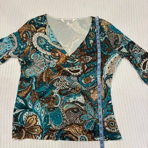 Uniform John Paul Richard Blue Brown Paisley Sequins Y2K Euro V-Neck Babydoll L thumbnail 10