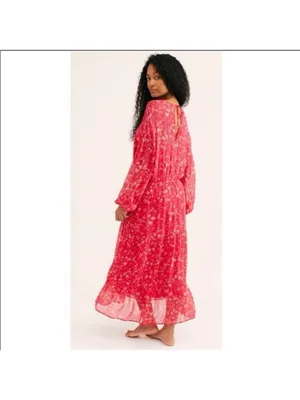 Free People Wallflower Midi Dress Raspberry Pink Floral Tiered Small‎ NWT thumbnail 3