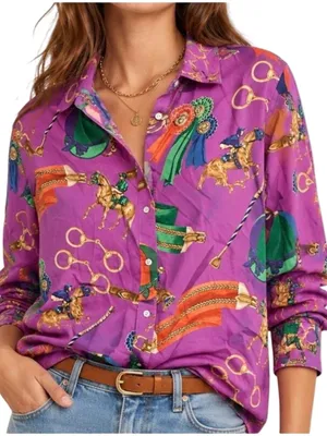 Lauren Ralph Lauren Women’s Size XL Purple Equestrian Print Button Down Shirt thumbnail 1